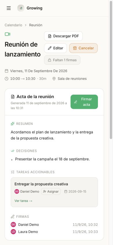 Acta real de Growing con resumen, decisiones, compromiso asignado y firmas de ejemplo con nombre y fecha, en móvil
